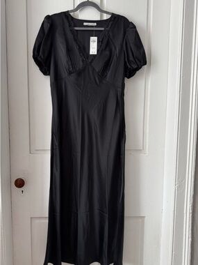 Abercrombie & Fitch Black Midi Slip Dress with Puff Sleeves